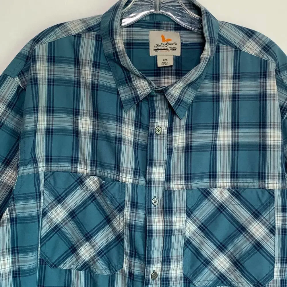 Field & Stream Mens 2XL Blue Plaid Fishing Snap Sides Shirt Button Up Short Slv - Picture 10 of 11